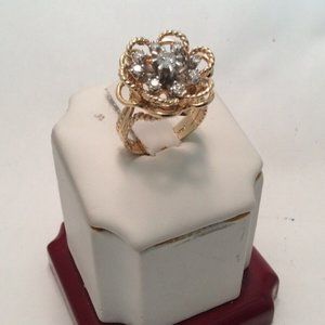 14K Yellow Real Solid Gold Flower Diamond Lady Ring Band Size 6.5    7.70gr